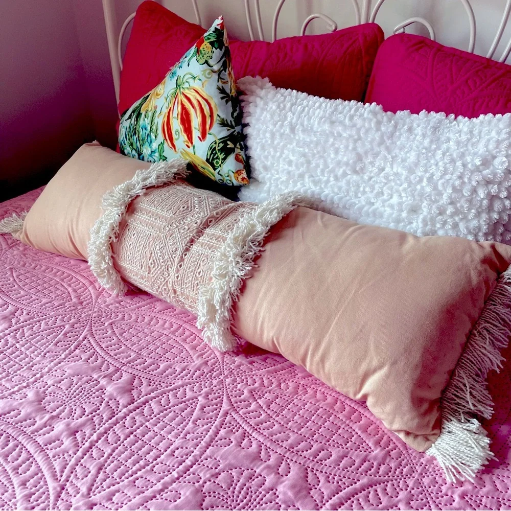 Opalhouse Boho Pink and white embroidered fringe Oversized Oblong Throw Pillow